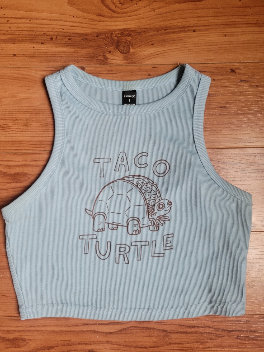 SHEIN Light Blue Ribbed Taco Turtle Crop Tank